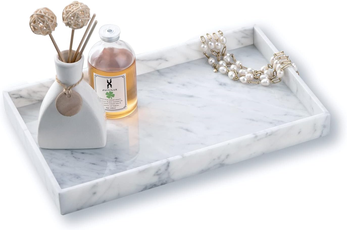 𝐈𝐭𝐚𝐥𝐢𝐚𝐧 𝟏𝟎𝟎% Marble Vanity Tray (12x7in), Counter Organizer for Bathroom, Kitchen, Dresser, Coffee Table, Serving, Decorative (Carrara White)