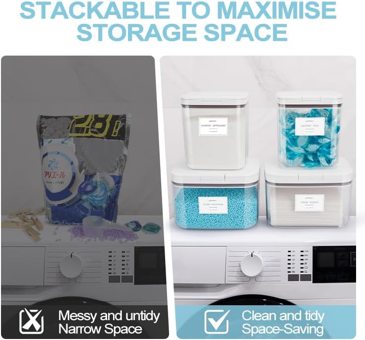 4 Pack Airtight Laundry Detergent Containers & Dryer Sheet Holder with Lids & Scoops, Stackable Laundry Room Organization and Storage for Scent Booster, Powder, Pods