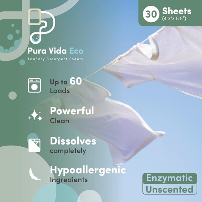 Laundry Detergent Sheets - 90 Sheets (up to 180 Loads) - Unscented - Ideal for Travel, Baby Clothes - Compact, Liquidless, Hypoallergenic, Eco-Friendly, Plastic-Free Solution