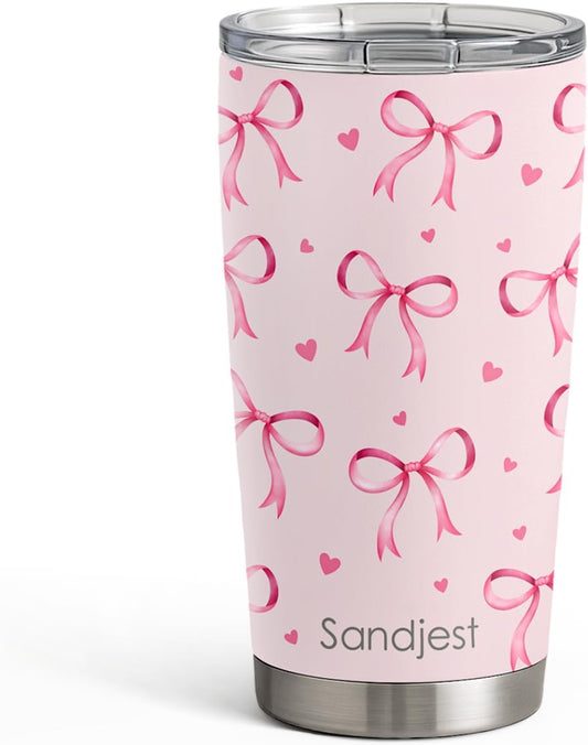 SANDJEST Bow Tumbler 20oz Stainless Steel Insulated, Travel Coffee Cup, Bow Gifts for Women Girls Teen, Birthday Christmas