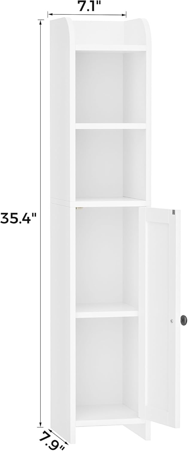 Homhedy Small Bathroom Storage Corner Floor Cabinet with Door and Shelves, Beside The Toilet Paper Stand for Skinny, Narrow Toilet Paper Cabinet, 7.9" D x 7.1" W x 35.4" H, White