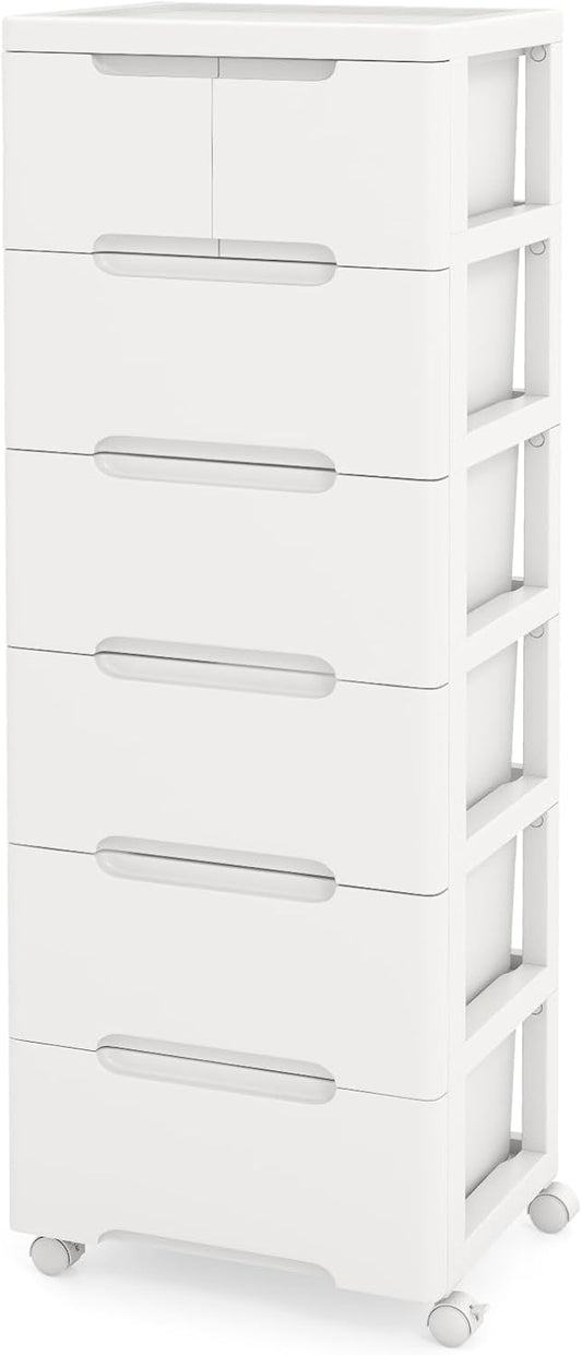 LOKO 7-Drawer Plastic Rolling Storage Cart, Mobile Storage Cabinet with 4 Universal Wheels, Vertical Storage Tower Container Unit for Living Room, Bedroom, Home Office, White (16”x13"x45” (7 Drawers))