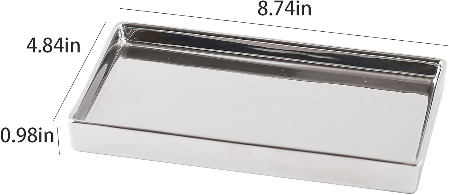 Jewelry Holder Ceramic Trinket Tray Rectangte Vanity Makeup Mirror Tray Silvery Small