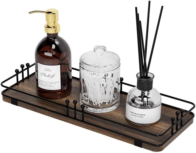 Bathroom Vanity Tray for Countertop Toiletries Perfume Makeup Soap Dispenser Toilet Tank, Kitchen Tray for Salt Spice, Decor Tray for Candle Nightstand Coffee 11.3”x 4.4” Brown-Black