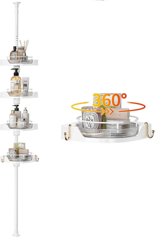 Shower Caddy Tension Pole with 4 L-Lazy Susan Organizer 360 Rotating 35-128 Inch No Drilling Floor Standing Shelves Adjustable Shower Rack for Bathroom Corner (White)