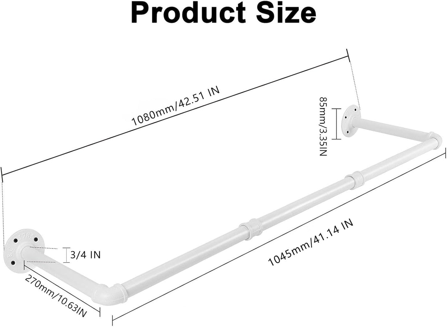 Industrial Iron Pipe Clothes Hanging Bar DIY Wall-Mounted Garment Rack Heavy Duty Clothing Rack for Bedroom, Laundry Room, Closet Storage (White 40 inch)