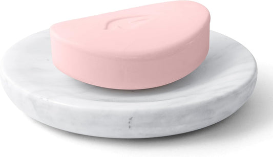WORHE Marble Soap Dish Italy Natural Stone Sponge Holder for Bathroom Tub Shower Kitchen Sink, Handcraft Round Soap Case Organizer Trinket Plate Jewelry Tray Coaster for Home Decor White (DL008)