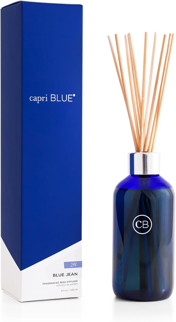 Capri Blue Blue Jean Reed Diffuser Set - Includes Reed Diffuser Sticks, Fragrance Oil, and Glass Bottle - Luxury Scented Room Fresheners - Cobalt Blue (8 fl oz)