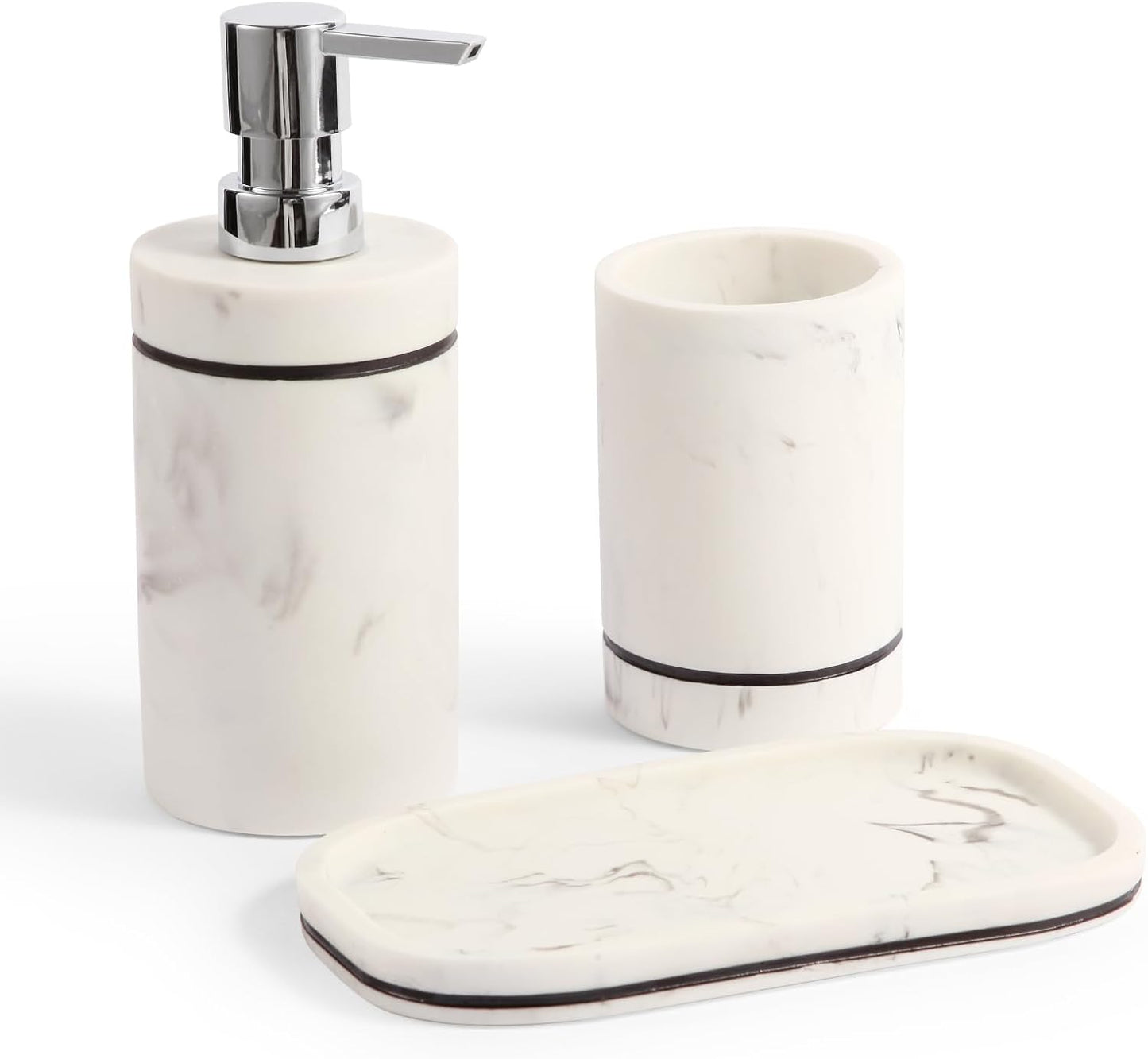 Marble Pattern Bathroom Accessory Set,3 Pieces Resin Bathroom Accessories Set - Lotion Dispenser,Toothbrush Cup,Vanity Tray(Marble White)