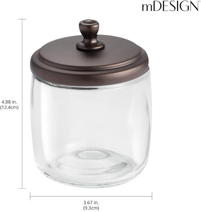 mDesign Small Apothecary Organizer Canister Jars - Glass Containers with Steel Lid for Bathroom, Organization Holder for Vanity, Counter, Hamill Collection - 2 Pack - Clear/Bronze
