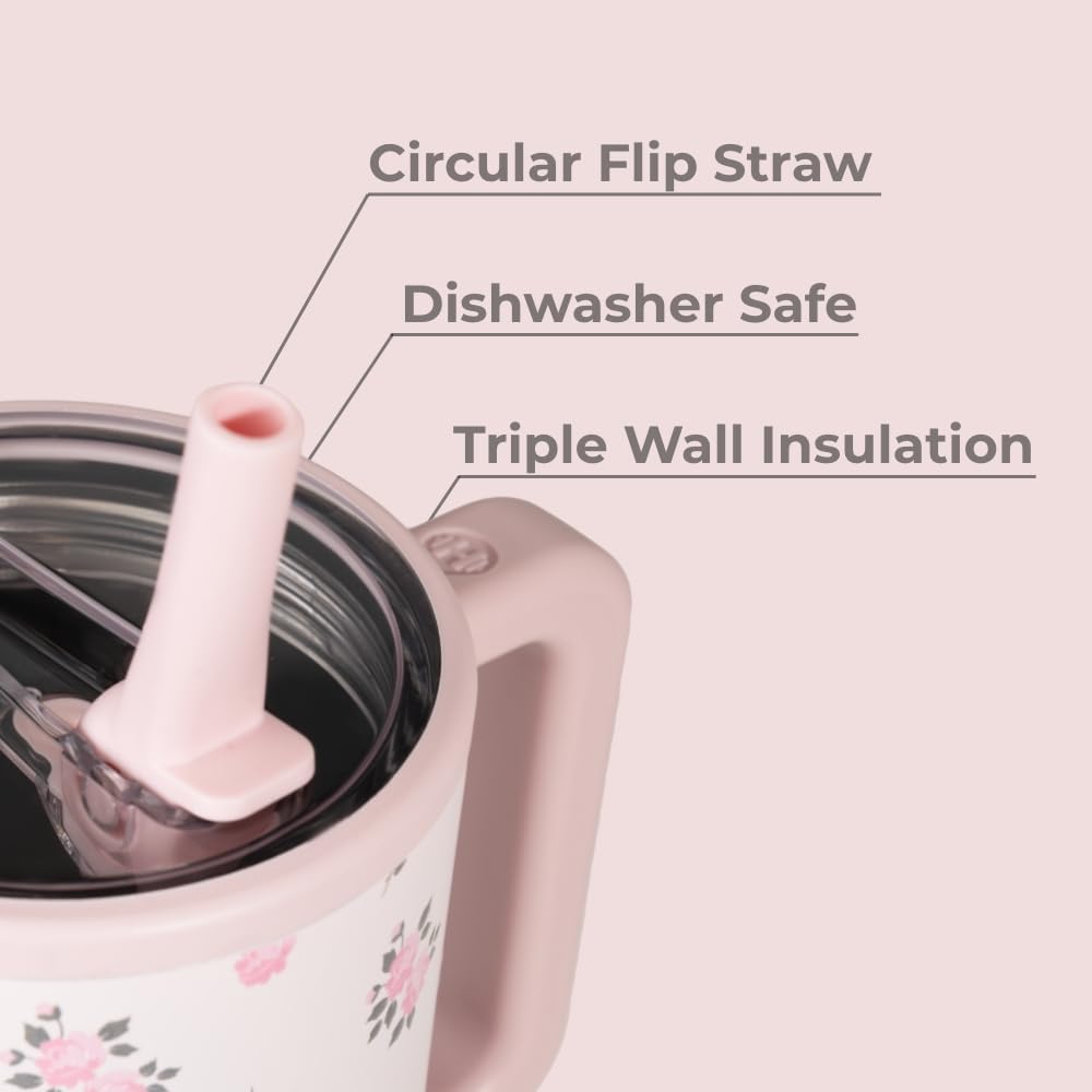 HydroJug Traveler - 40 oz Water Bottle with Handle & Flip Straw - Fits in Cup Holder, Leak Resistant Tumbler-Reusable Insulated Stainless Steel & Rubber Base - Gifts for Women & Men, Wildrose