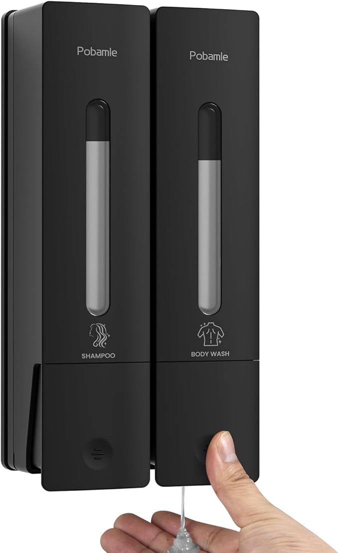 1984 Shampoo and Conditioner Dispenser Wall Mount Shower Dispenser 2 Chamber No Drill Bathroom Set Shampoo Dispenser for Shower Wall Home Hotel 400ml x 2 Black