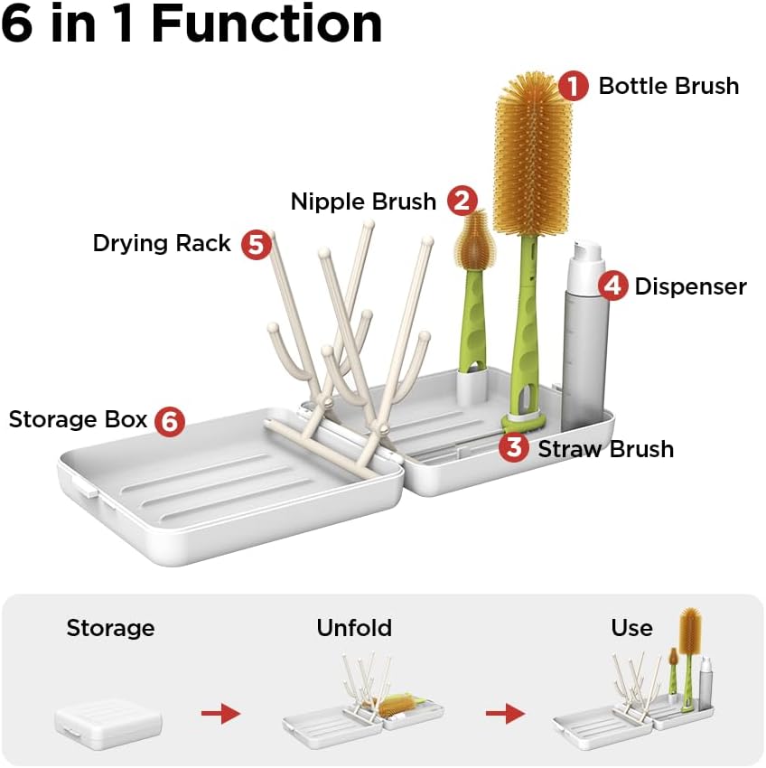 YOTIME Travel Bottle Brush, Travel Bottle Cleaner Kit with Foldable Bottle Drying Rack, for Visit Friends and Relations, Baby Travel Essentials, BPA Free, White