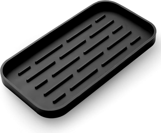 Silicone Kitchen Sink Organizer Tray for Multiple Usage,Eco-Friendly Sponges Holder for Kitchen Bathroom Counter or Sink,Dish Soap Dispenser,Scrubber,Bottle,Cup (Black, 10"×5.3")