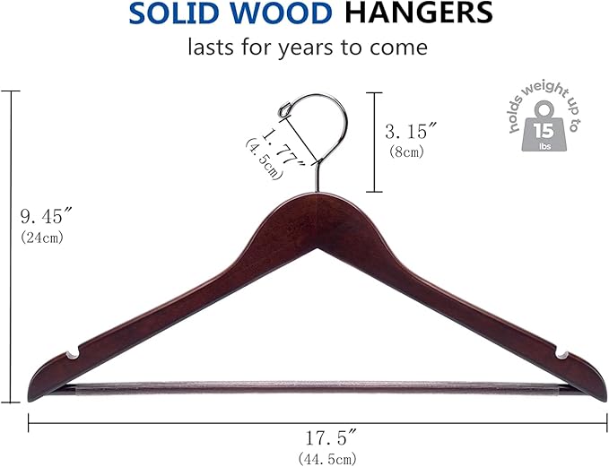 Amber Home 20 Pack Solid Wood Suit Coat Hangers, Smooth Walnut Finish Wooden Dress Hangers with Non Slip Pant Bar, Clothes Hangers with 360 Swivel Hook & Notches for Jacket, Pant, Shirt (Walnut, 20)