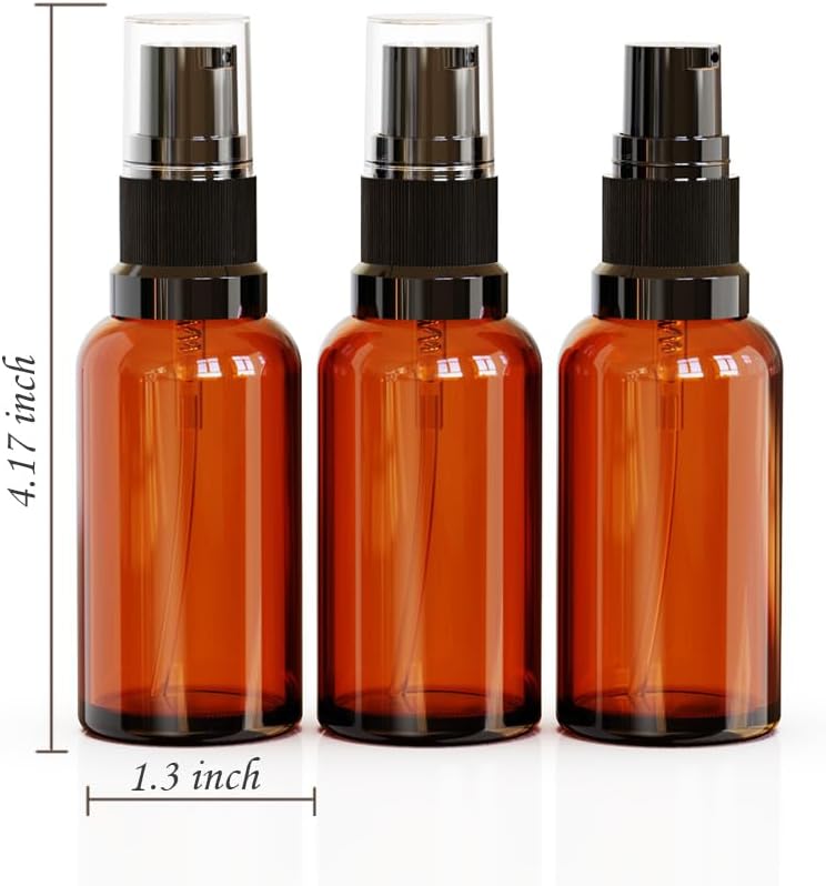 12Pack 1oz Amber Glass Pump Bottles, 30ml with Black Pump, Empty Refillable Travel Small Container For Lotion Cream Essentil Oil Shampoo (1oz)