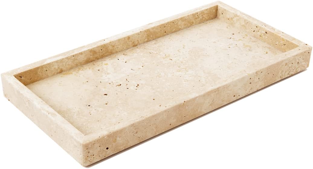 Italian 100% Marble Vanity Tray (12x6in), Counter Organizer for Bathroom, Kitchen, Dresser, Coffee Table, Serving & Decorative (Beige Travertine)