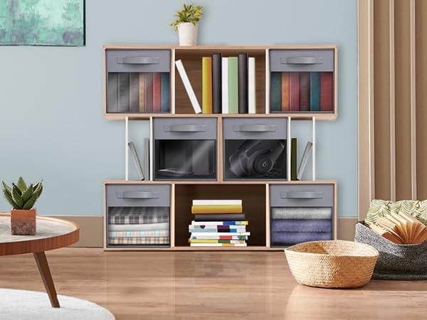 Sorbus 11 Inch Storage Bins with Clear Window - 6 Foldable Baskets for Organizing Clothes, Toys, Books - Sturdy Collapsible Fabric Storage Cubes with Handle - Storage Baskets for Shelves, Closets