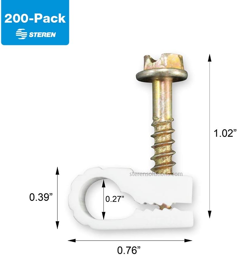 STEREN Coaxial Cable Clips - Cable Holder - Wire Clips - Siding Clips for Hanging - Cord Holder for Desk - Cable Clamps (White, 200 Count - Single Screw)
