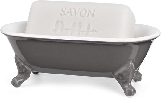 6.5" Ceramic Mini Decorative Clawfoot Bathtub Bar Soap Dish, Kitchen Sponge Holder and Shower Tray for Bathroom, 1 Pack(Stone Gray)