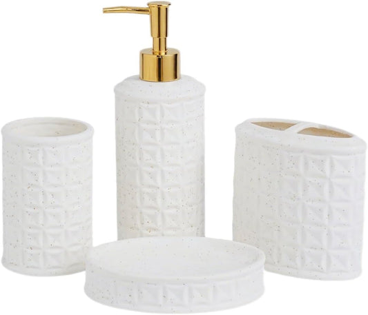 Bathroom Accessories Set 4 Pcs - Ceramic Soap Dispenser, Toothbrush Holder, Tumbler & Soap Dish with Coin Pattern Design, White Bathroom Decor Set for Counter Organization