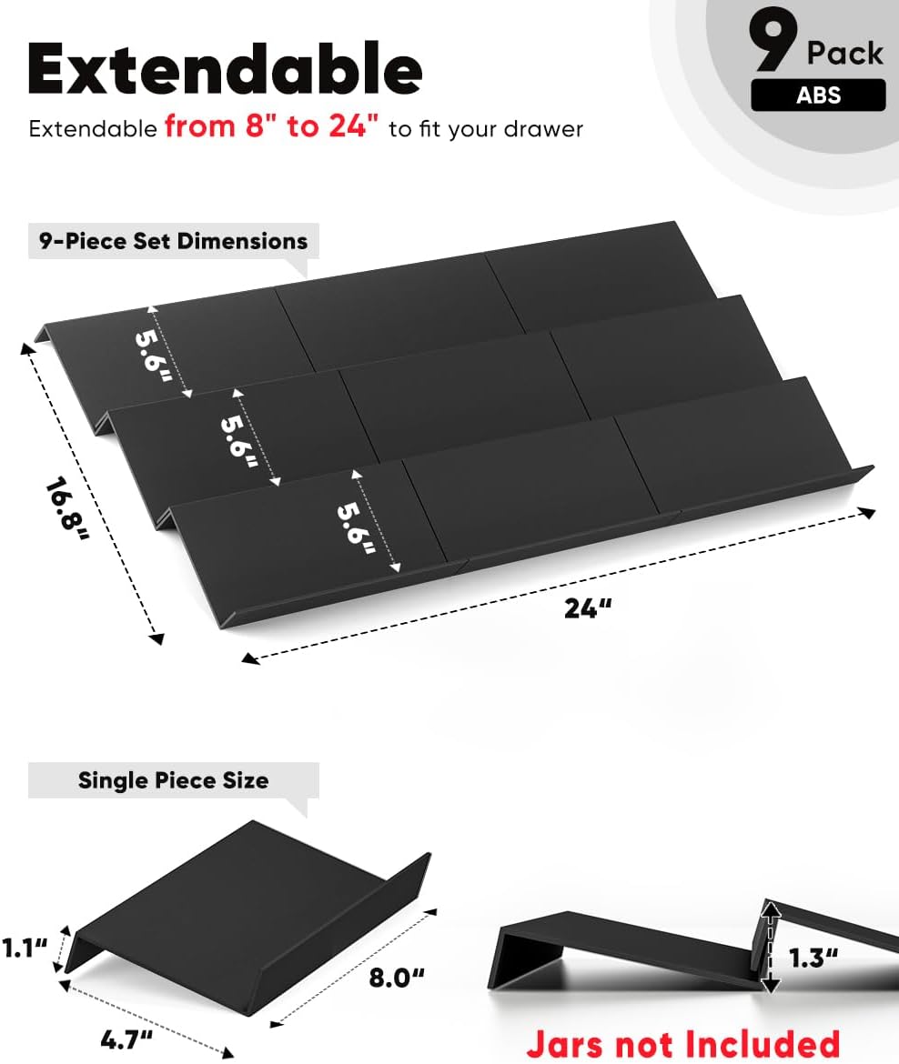 Artibear Expandable Drawer Spice Rack Organizer for 8" to 24" Kitchen Cabinets Drawer Tray Insert, Set of 9
