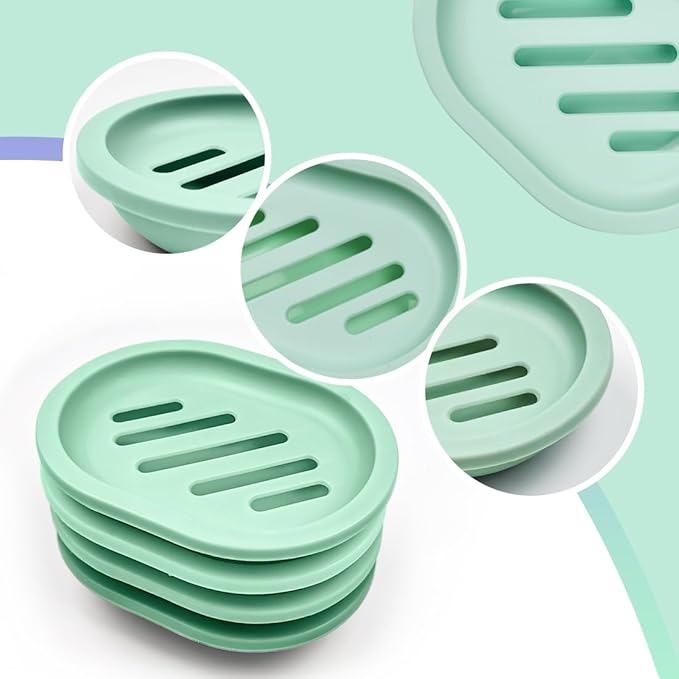 4Pcs Double-Layer Bar Soap Holder for Shower Soap Dish with Drain Soap Saver Box Container Plastic Soap Dish for Bathroom Counter,Kitchen,Toilet (Green)