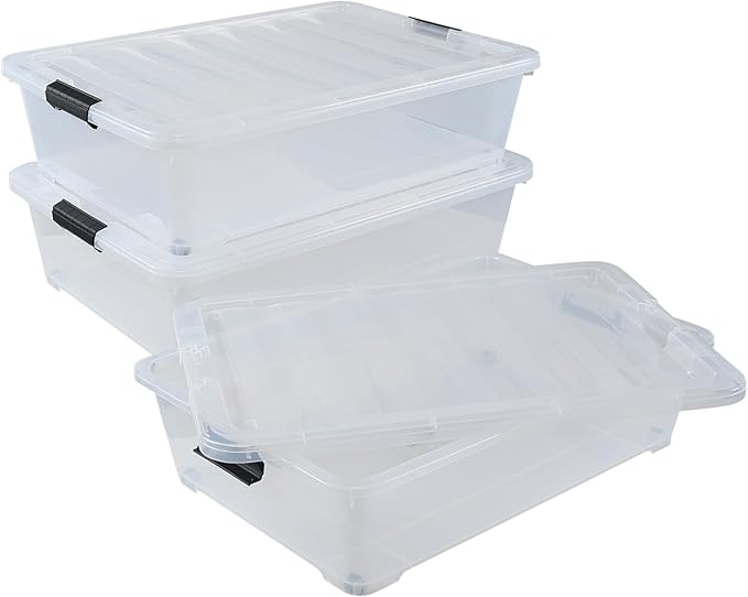 50 Quart Wheeled Latching Storage Box, Stackable Bin with Latch Lid, Plastic Container to Organize Shoes Underbed (3 Pack)