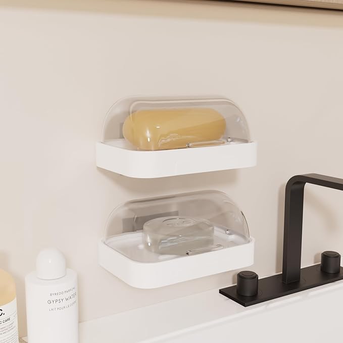 Wall Mounted Soap Holder - Set of 2, White Plastic with Clear Cover, Water Collection Tray, Bar Soap Dish Container Caddy with Lid for Bathroom, Shower, Kitchen Sink, Sponge Storage