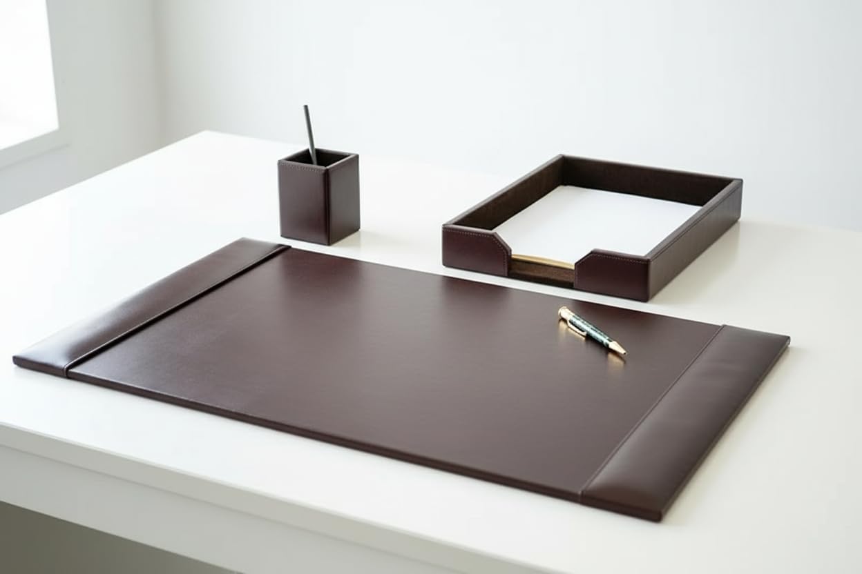 Dacasso Brown Bonded Leather Luxury 3 Piece Desk Set - Blotter Pad & Desk Organization Essentials - Executive Decor and Surface Protector