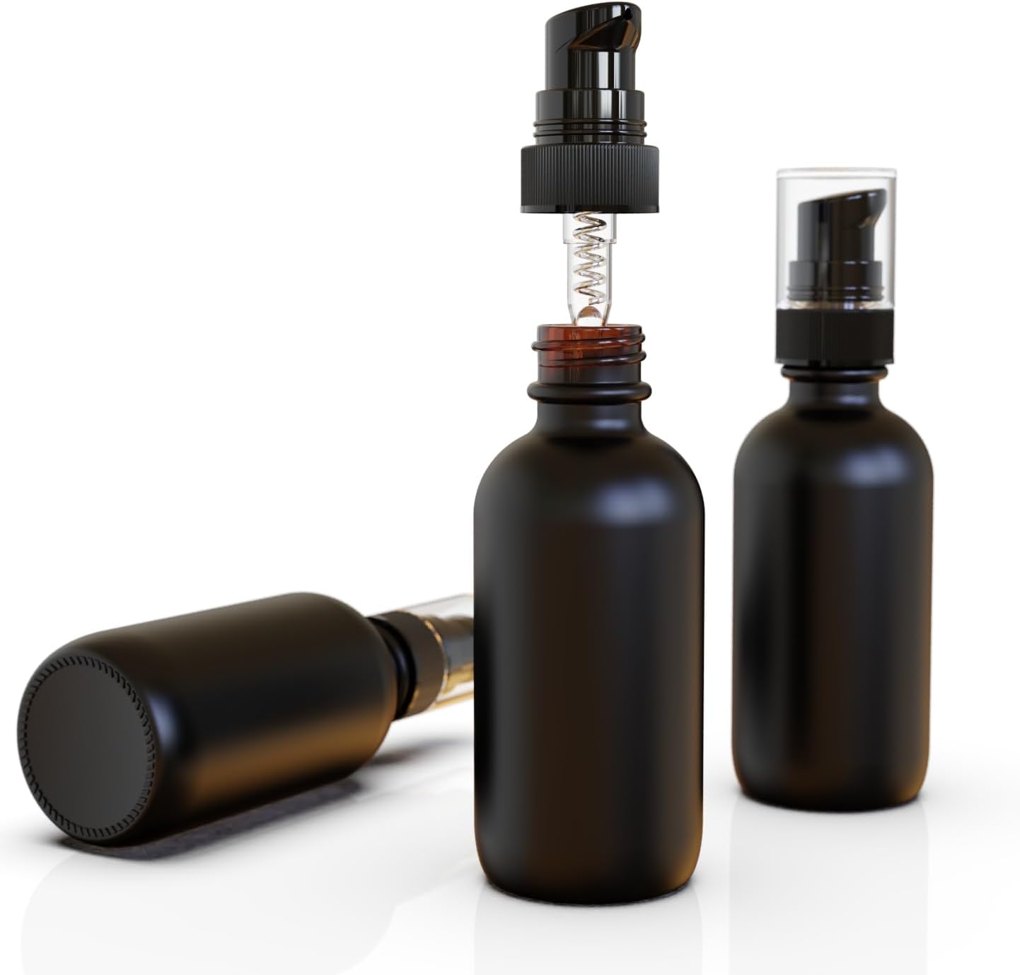 12Pack 2oz Black Glass Pump Bottles, 60ml with Black Pump, Empty Refillable Travel Small Container For Lotion Cream Essentil Oil Shampoo (60mlpumpBLK)