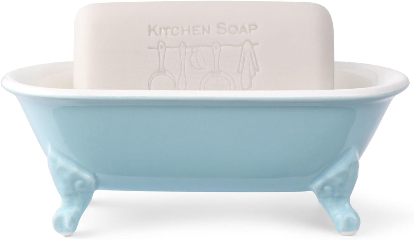 6.5" Ceramic Mini Decorative Clawfoot Bathtub Bar Soap Dish, Kitchen Sponge Holder and Shower Tray for Bathroom, 1 Pack(Baby Blue)