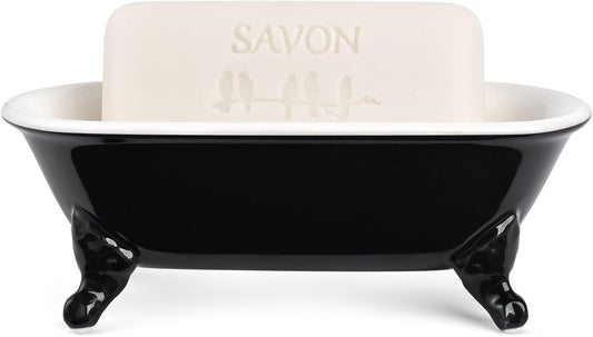 6.5" Ceramic Mini Decorative Clawfoot Bathtub Bar Soap Dish, Kitchen Sponge Holder and Shower Tray for Bathroom, 1 Pack(Black)