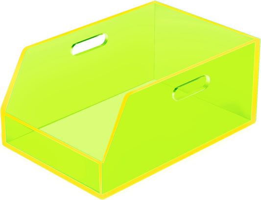 Stackable Storage Bin Organizer with Handles Acrylic Storage Container for Toy Pantry Kitchen Cabinet Bathroom Closet Office Organization, 11.4x7.5x5.1'', Neon Green