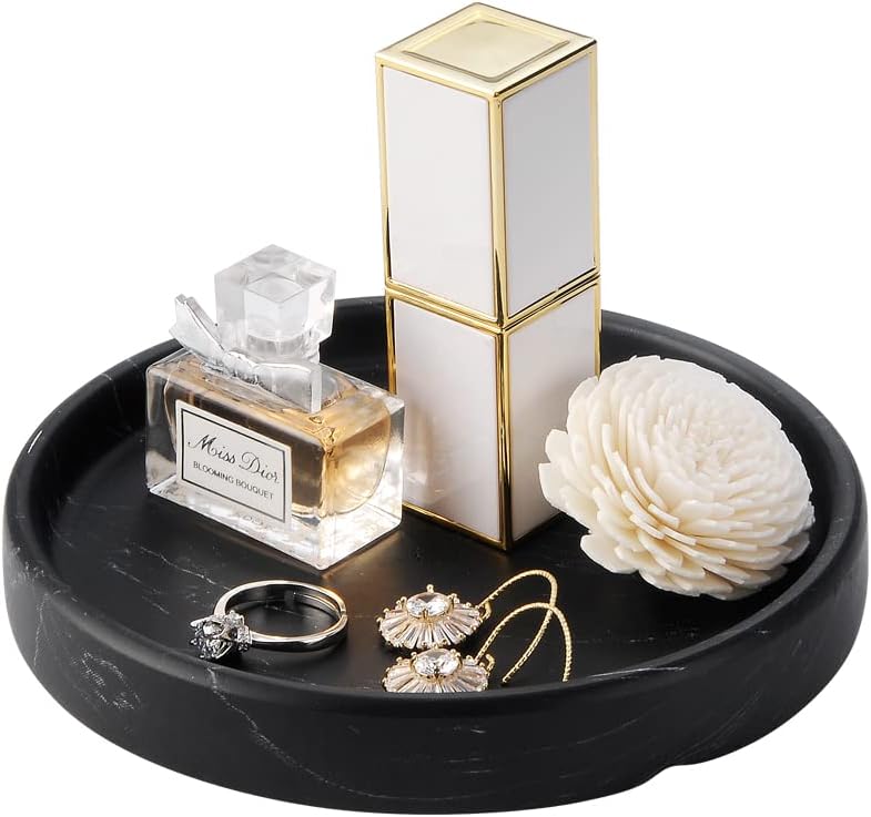 Elegant Marbled Round Jewelry Dish Key Holder, Black Ceramic Vanity Tray Bathroom Organizer for Soap Perfume Candle Small Plant, Mini Dresser Organizer Home Decor(Black, 4.7")