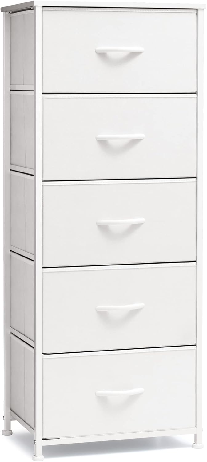 Crestlive Products Tall Dresser Vertical Storage Tower - Sturdy Steel Frame, Wood Top, Easy Pull Fabric Bins - Organizer Unit for Bedroom, Hallway, Entryway, Closets - 5 Drawers(White)