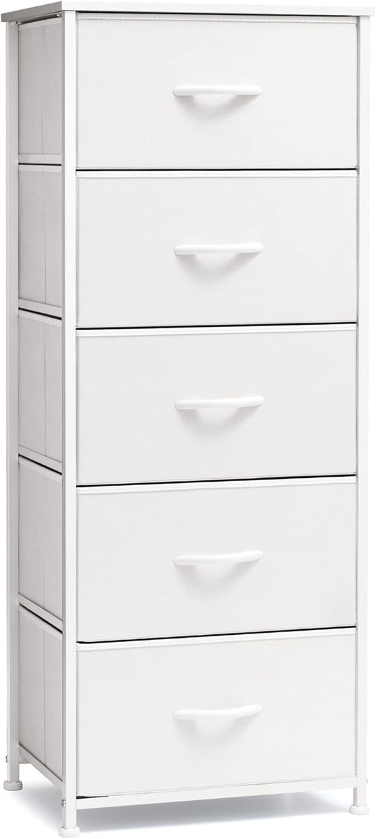 Crestlive Products Tall Dresser Vertical Storage Tower - Sturdy Steel Frame, Wood Top, Easy Pull Fabric Bins - Organizer Unit for Bedroom, Hallway, Entryway, Closets - 5 Drawers(White)