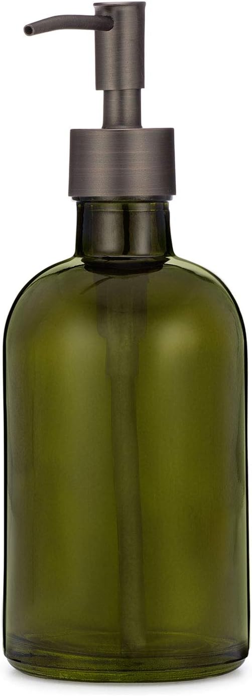 Rail19 Forest Green Glass Lotion & Soap Dispenser with Metal Pump, 8oz (Bronze Rustic)