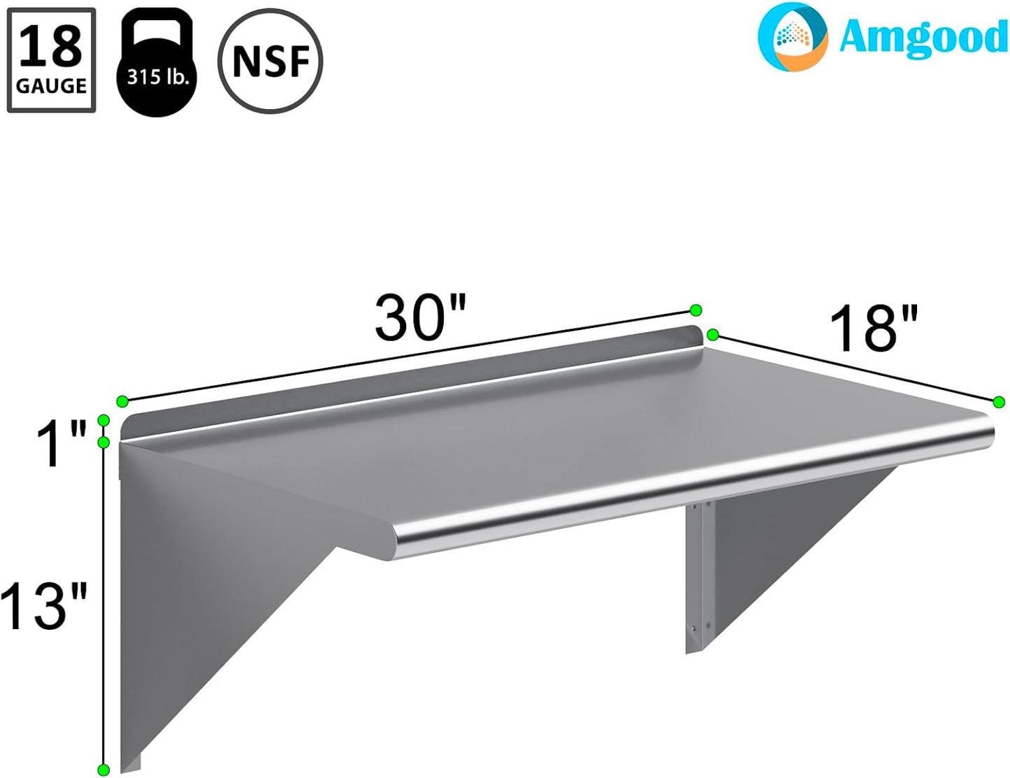 AmGood 30" Long X 18" Deep Stainless Steel Wall Shelf | NSF Certified | Appliance & Equipment Metal Shelving | Kitchen, Restaurant, Garage, Laundry, Utility Room