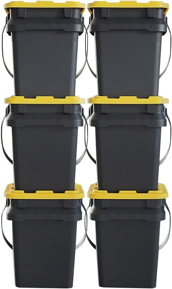 CX BLACK & YELLOW, 5-Gallon Heavy Duty Bucket Tough Storage Container & Snap-Tight Lid, (14.9"H x 12"W x 13"D), Weather-Resistant Design and Stackable Organization Tote [6 Pack]