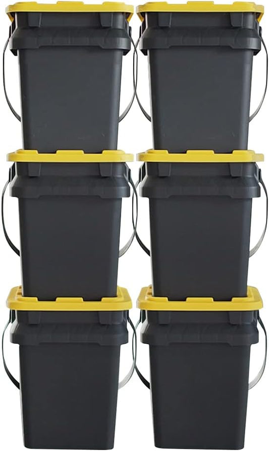 CX BLACK & YELLOW, 5-Gallon Heavy Duty Bucket Tough Storage Container & Snap-Tight Lid, (14.9"H x 12"W x 13"D), Weather-Resistant Design and Stackable Organization Tote [6 Pack]