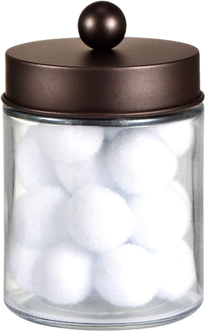 Amolliar Apothecary Jars Bathroom Storage Organizer - Cute Qtip Dispenser Holder Vanity Canister Jar Glass with Lid for Cotton Swabs,Rounds,Bath Salts,Makeup Sponges,Hair Accessories/Bronze (1 Pack)