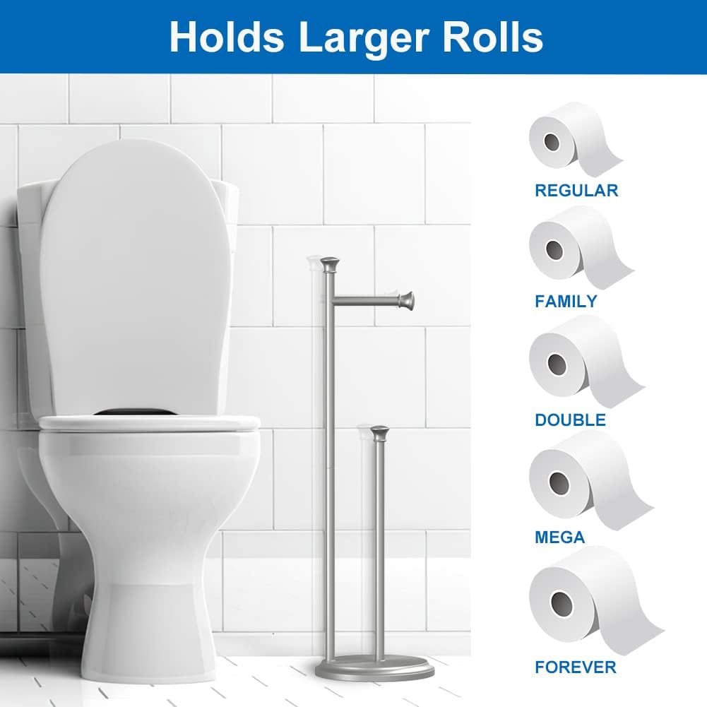 Free Standing Toilet Paper Holder Stand Brushed Nickel Toilet Roll Stand Bathroom Tissue Rack with Storage Reserves 5 Mega Rolls
