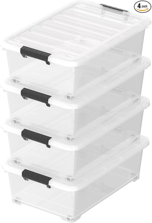 Sandmovie 4 Packs 20 Quart Plastic Under Bed Storage Boxes, Plastic Bins Storage Under Bed, Clear