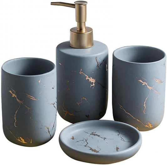 Ceramics Creative Golden Black Marble Pattern Marble Bathroom Accessories Set,3 Pieces Include Soap Dispenser, Tumblers,Soap Dish,4 Pieces Set Bathroom Accessories (Gray（Four Piece）)
