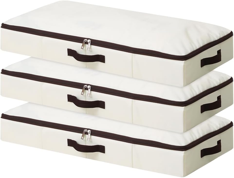 AMJ 3 Pack 4inch Underbed Storage Bins, Under Bed Storage Containers with Zippers for Blanket, Pillows, Comforters & Quilts, Beige