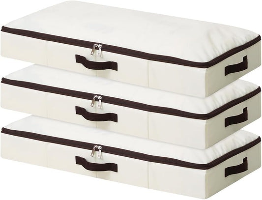 AMJ 3 Pack 4inch Underbed Storage Bins, Under Bed Storage Containers with Zippers for Blanket, Pillows, Comforters & Quilts, Beige