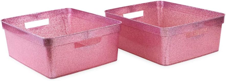 Isaac Jacobs Medium Glitter Storage Bin (14” x 11.5” x 5.5”) Set w/Cut-Out Handles, Plastic Organizer, Multi-Functional, Home Storage Solution, Kids Playroom, Bedroom, Closet (2, Pink)