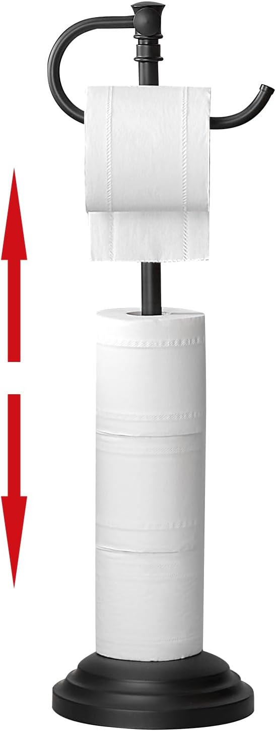 RUMOSE Toilet Paper Holder Stand for Floor,Matte Black Adjustable (12.4" to 22.8") Bathroom Toilet Tissue Holder, Free Standing Toilet Paper Roll Holder with Storage, Stainless Steel