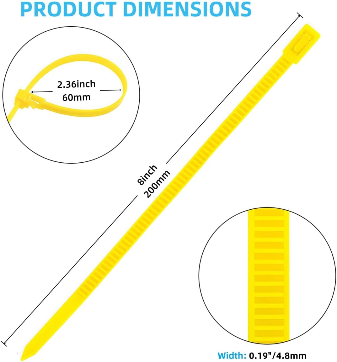 250 PCS 8 Inch Reusable Zip Ties Yellow – Adjustable Cable Tie, 36 LBS Strength for Home, Car, Office & Wire Management (Self-Locking, Indoor/Outdoor Use)